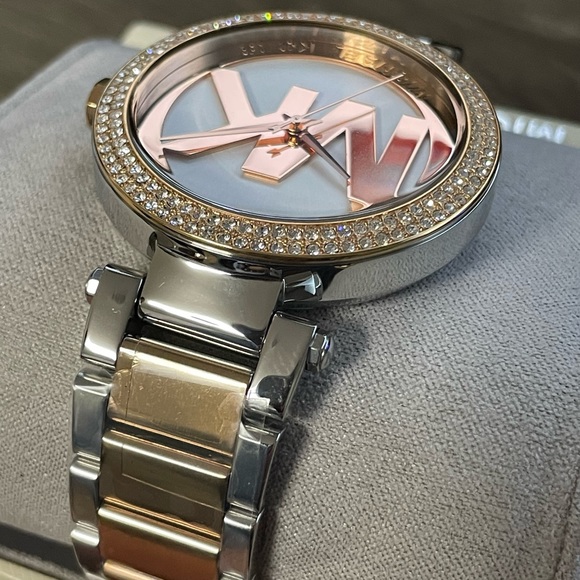 MICHAEL KORS Women's Parker Rose Gold/Silver Crystal Watch MK Logo MK6314 New! - Picture 6 of 10